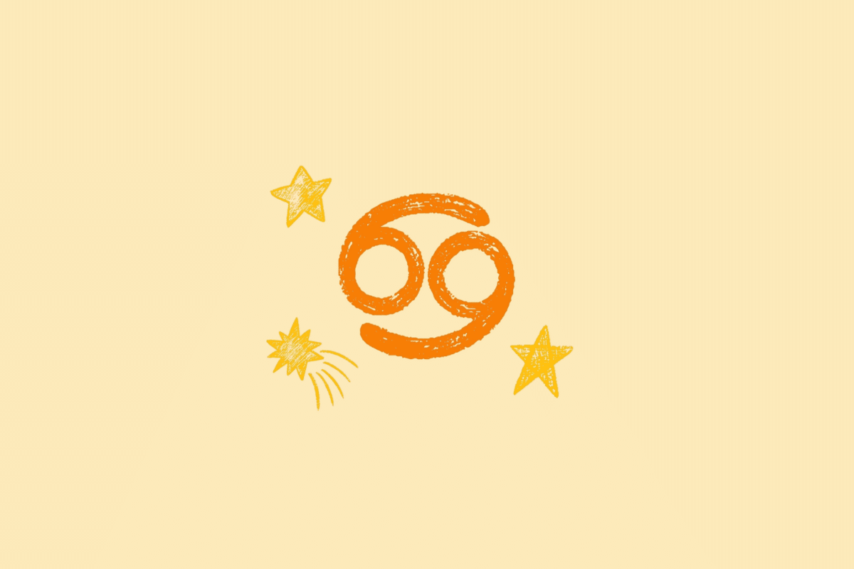 Ilustração do símbolo do signo de Câncer, representado por duas formas curvas semelhantes a caracóis, na cor laranja, acompanhadas de estrelas amarelas sobre fundo bege-claro.