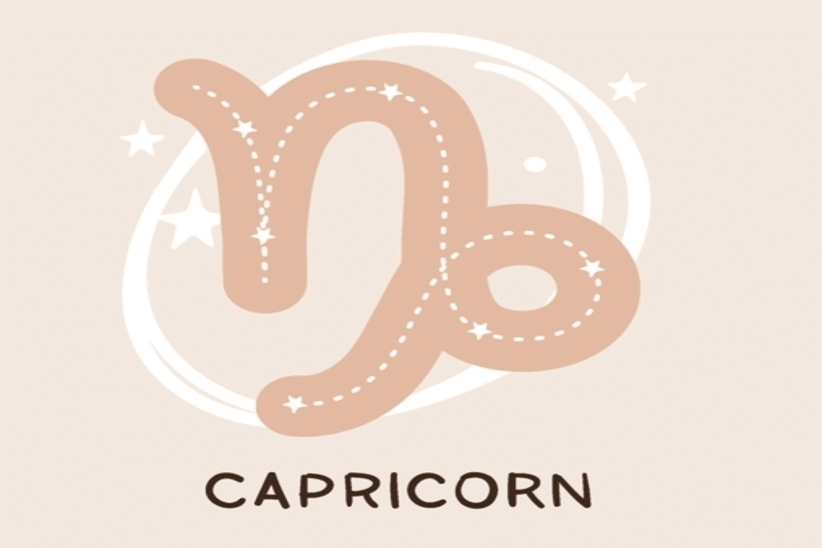 Ilustração do símbolo de Capricórnio em tom bege, preenchido por linhas pontilhadas e pequenas estrelas brancas. O desenho é acompanhado por um círculo irregular e elementos celestes brancos sobre fundo claro.