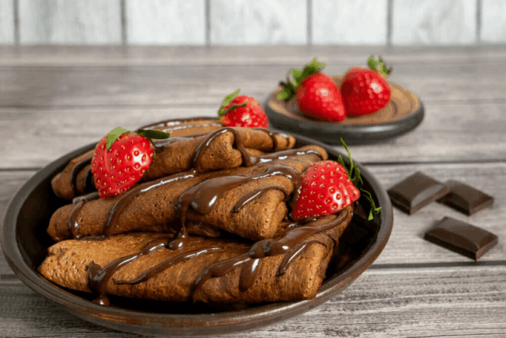 A imagem mostra diversos crepes de chocolate dobrados e cobertos com uma generosa calda de chocolate, dispostos em um prato redondo de cerâmica escura. Os crepes apresentam uma coloração marrom-dourada e uma aparência macia, com a calda brilhante escorrendo sobre eles.