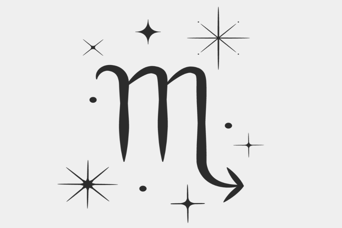 Imagem com fundo cinza-claro, apresentando o símbolo astrológico do signo de Escorpião em preto, semelhante à letra “M”, com uma extensão curva terminando em uma seta apontada para a direita. Ao redor, aparecem estrelas de diferentes formatos e pequenos pontos pretos.