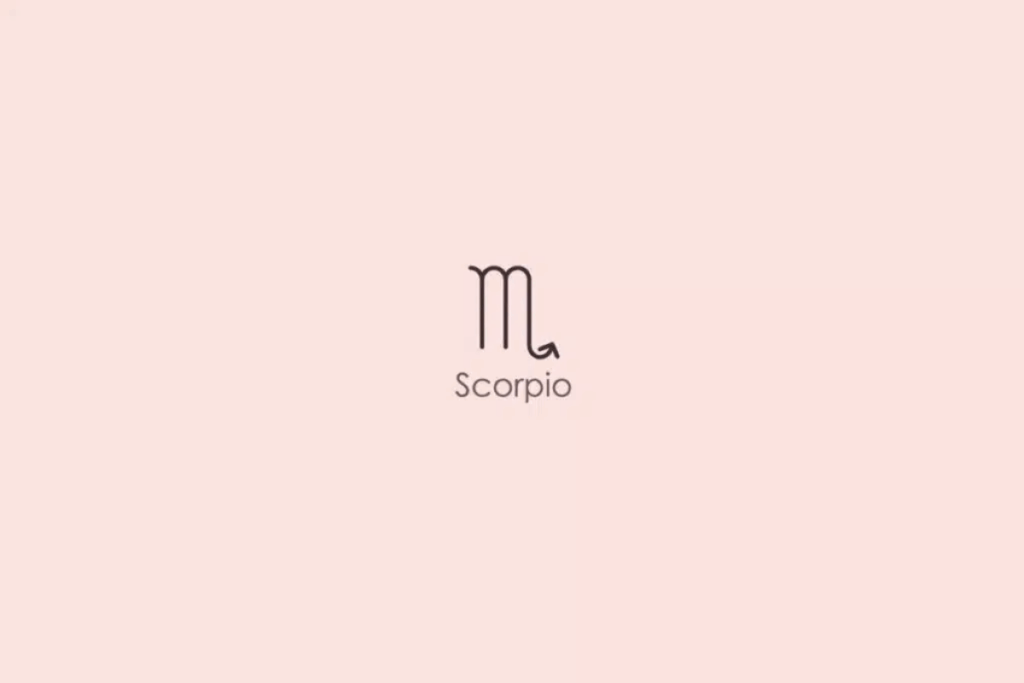 Ilustração minimalista do símbolo astrológico do signo de Escorpião, semelhante à letra M com uma cauda terminada em seta, desenhado em tom escuro. Abaixo, aparece a palavra “Scorpio”, em inglês. O fundo é rosa-claro.