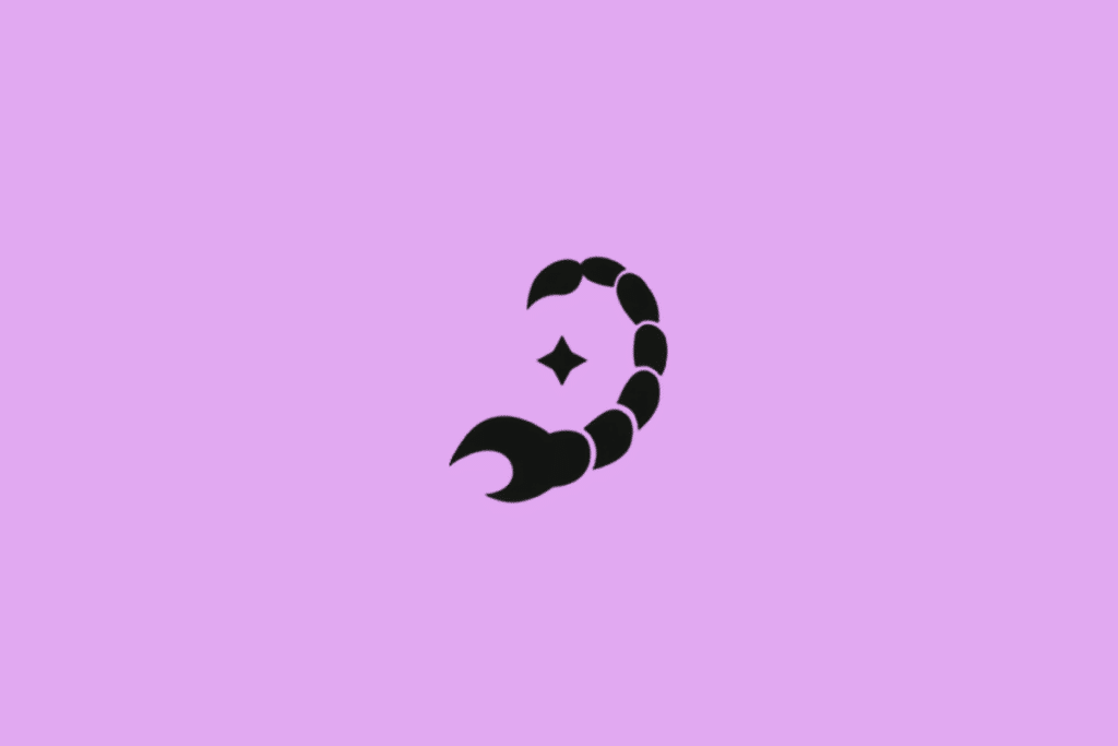 Símbolo do signo de Escorpião em preto com uma estrela em fundo lilás