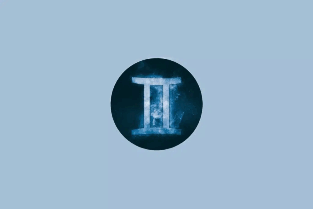 Ilustração do símbolo do signo de Gêmeos em azul-claro, semelhante ao número romano II, com efeito luminoso e textura cósmica, centralizado em um círculo azul-escuro sobre um fundo azul-claro.
