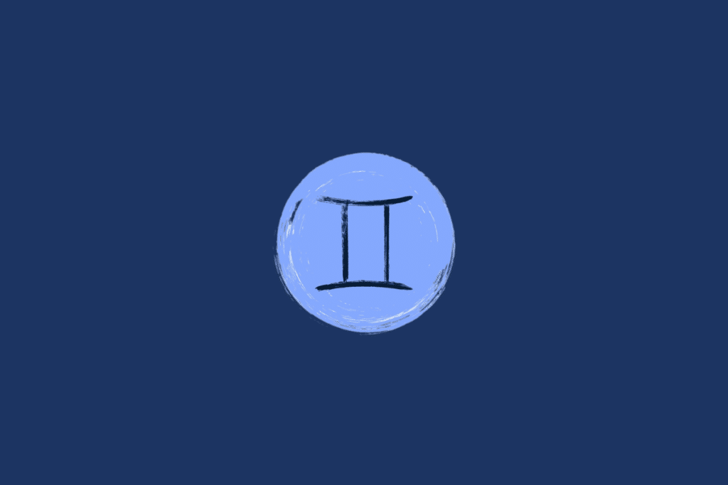 Ilustração do símbolo do signo de Gêmeos, formado por duas linhas verticais e duas linhas curvas horizontais, em preto, dentro de um círculo azul-claro sobre fundo azul-marinho.