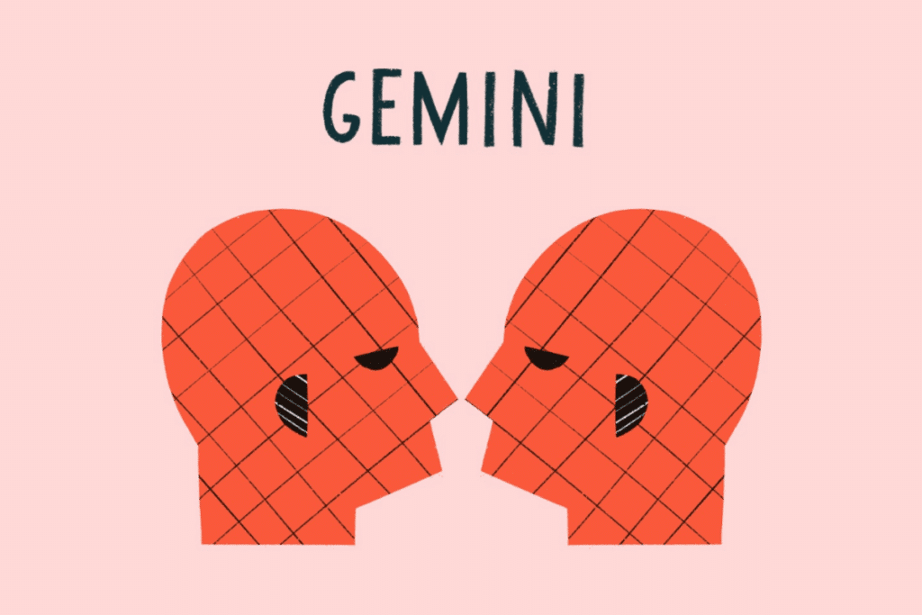 A imagem representa duas figuras humanas alaranjadas, posicionadas frente a frente de maneira simétrica. Os rostos apresentam padrões de linhas cruzadas e pequenos detalhes escuros. Sobre o fundo rosa-claro, o nome “GEMINI” aparece na parte superior.