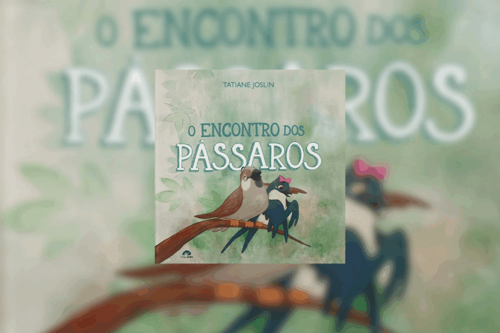 Capa do livro “O encontro dos pássaros”, de Tatiane Joslin, com um pardal e uma andorinha com laço rosa pousados lado a lado em um galho, sobre fundo verde