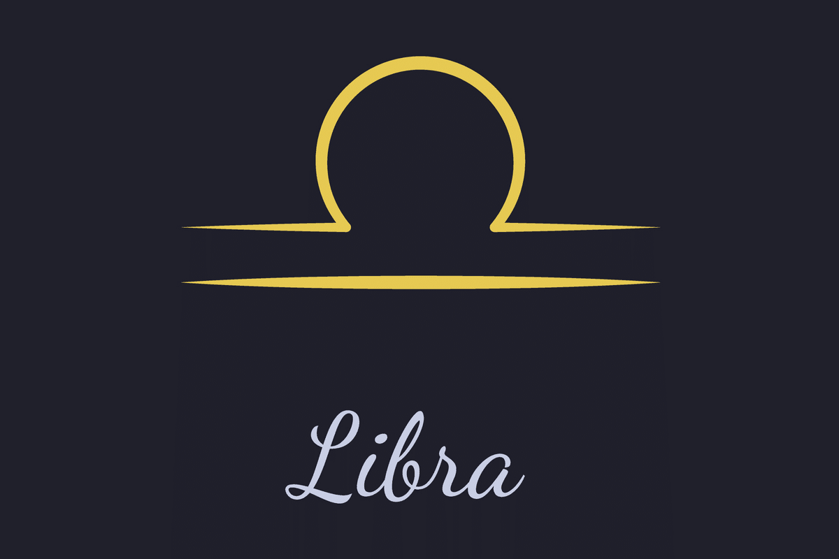 A imagem mostra o símbolo astrológico de Libra em dourado, formado por uma linha horizontal com um arco central e outra linha reta logo abaixo. Abaixo, o nome “Libra” aparece em letras cursivas cinza-claras, sobre um fundo azul-escuro quase preto.