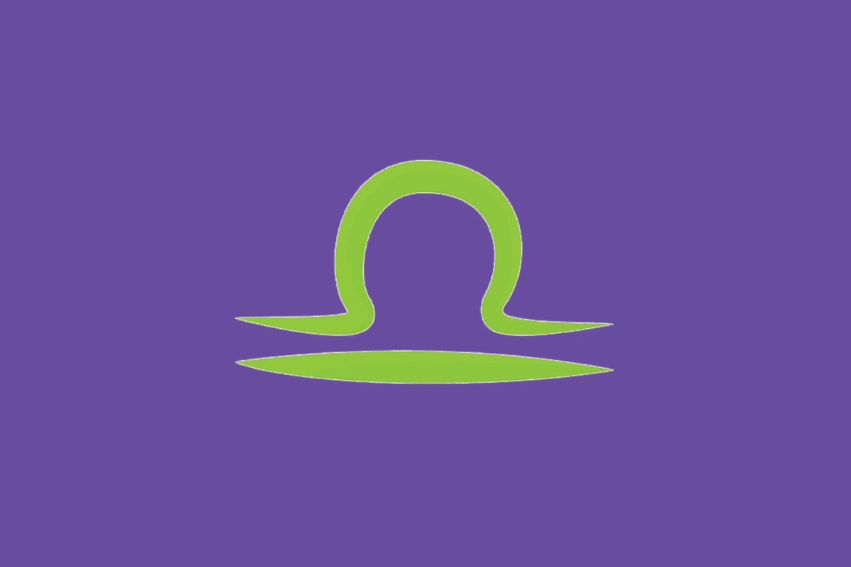 O símbolo astrológico do signo de Libra em verde-claro sobre um fundo roxo