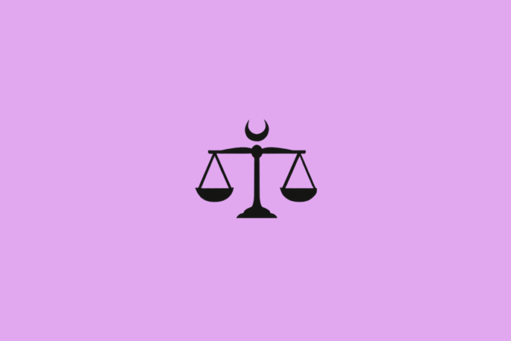 Símbolo do signo de Libra em preto com uma lua em fundo lilás