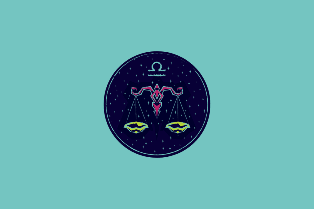 Ilustração num círculo azul-escuro estrelado sobre fundo azul-turquesa, representando Libra através de uma balança rosa com pratos amarelos e o respetivo símbolo astrológico
