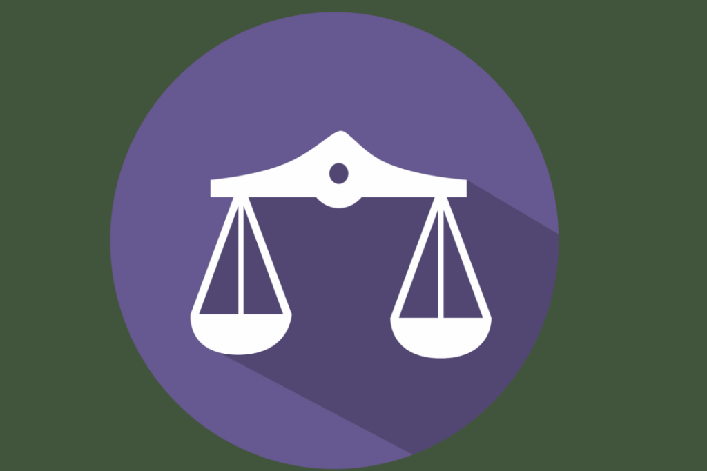a imagem representa o signo de Libra com uma balança branca de dois pratos, símbolo associado ao equilíbrio. O desenho está centralizado sobre um círculo roxo, com uma longa sombra ao fundo.