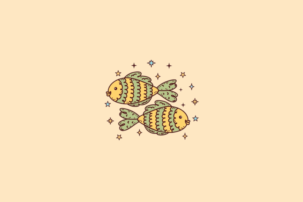 Ilustração de dois peixes estilizados nadando em sentidos opostos. Eles têm corpos amarelos com listras verdes, nadadeiras verdes e pequenos olhos pretos. Estrelas em tons de azul, amarelo e marrom estão distribuídas ao redor, sobre fundo bege-claro.