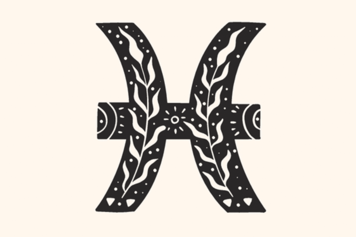 A imagem apresenta o símbolo do signo de Peixes em preto, centralizado sobre um fundo claro. O ícone é decorado com folhagens, pequenos pontos, formas solares e detalhes celestes, criando uma estética mística e delicada.