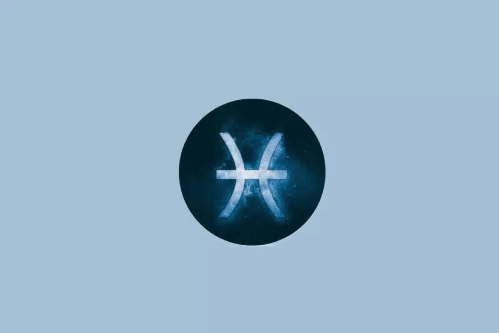 Ilustração do símbolo do signo de Peixes em azul-claro, com efeito luminoso e textura que lembra uma nebulosa, centralizado em um círculo azul-escuro sobre um fundo azul-claro.