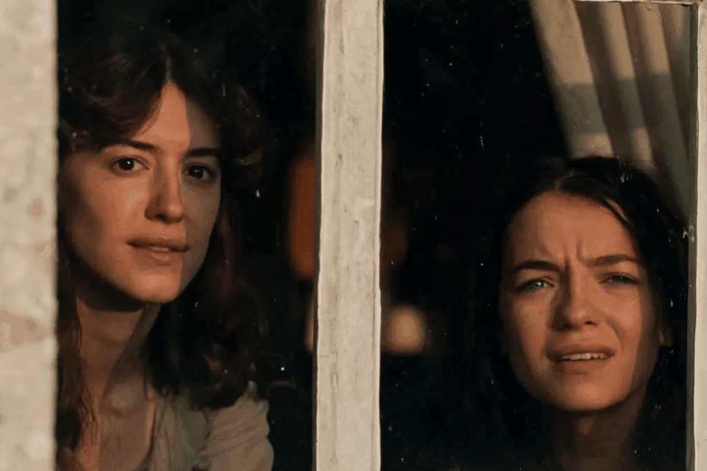 Cena de “Razão e Sensibilidade” com Daisy Edgar-Jones: duas jovens de cabelos escuros olham para fora por uma janela de madeira branca e desgastada, sob luz quente. Uma tem expressão serena e a outra parece confusa.