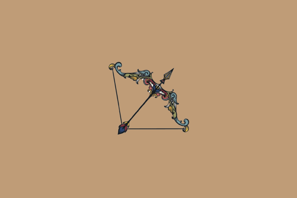 Ilustração do símbolo do signo de Sagitário, representado por um arco e uma flecha ornamentados, com detalhes florais e coloridos em estilo artístico sobre fundo bege.