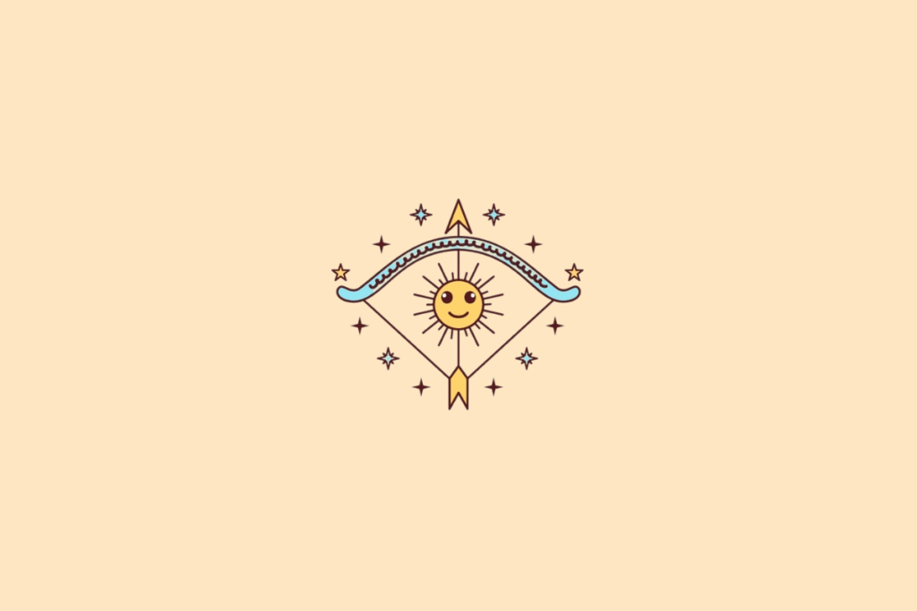 Ilustração de um símbolo de arco e flecha estilizado, com contornos marrons, detalhes azuis e amarelos e um sol amarelo sorridente no centro. Pequenas estrelas decoram a composição sobre fundo bege-claro.