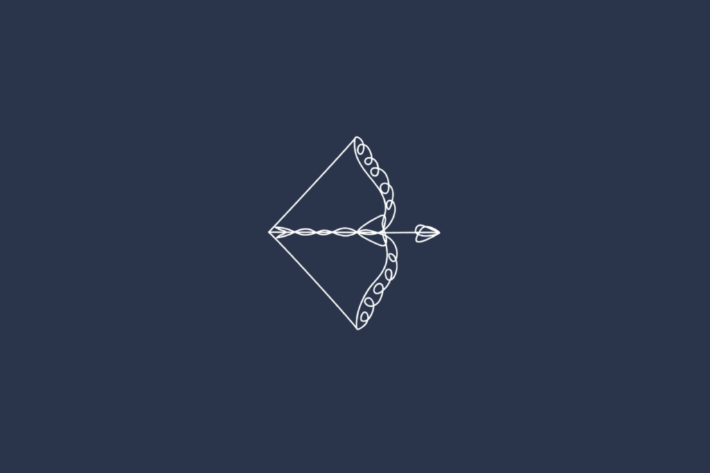 Ilustração linear branca do signo de Sagitário sobre fundo azul-marinho uniforme. O desenho representa um arco com uma flecha apontada para a direita. O arco está posicionado verticalmente, com as extremidades voltadas para esse lado e a borda decorada por pequenos elos ovais. A flecha atravessa o desenho horizontalmente e termina em uma ponta triangular.