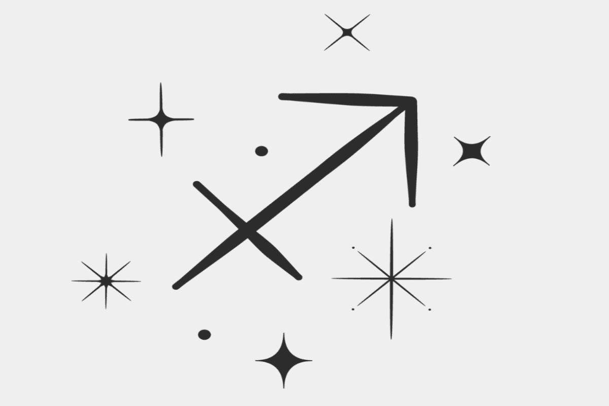 Imagem com fundo cinza-claro, apresentando o símbolo astrológico do signo de Sagitário em preto, representado por uma flecha diagonal apontada para cima e para a direita, atravessada por uma linha menor. Ao redor, aparecem estrelas estilizadas e pequenos pontos pretos.