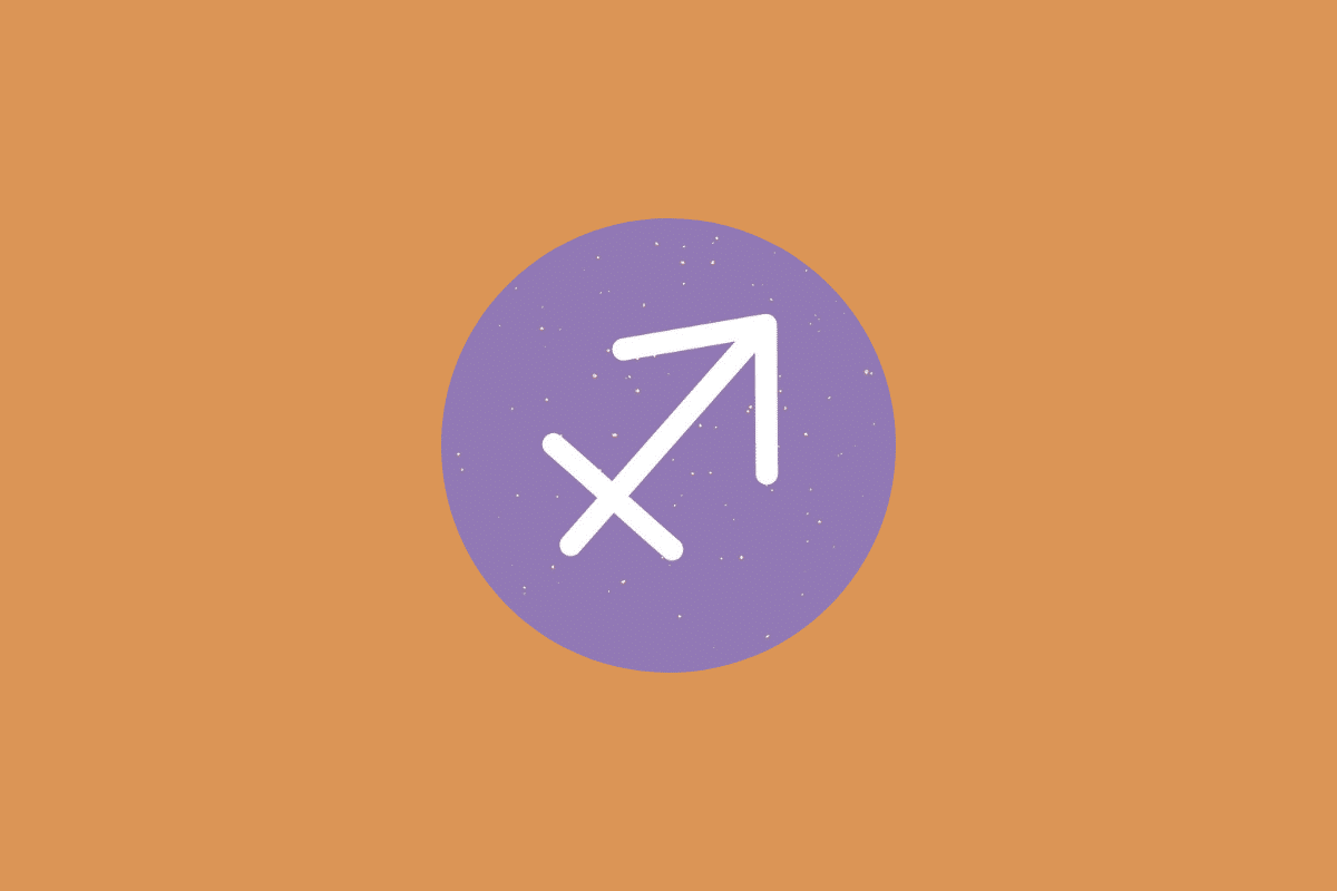 Símbolo do signo de Sagitário em branco dentro de um círculo roxo com fundo alaranjado