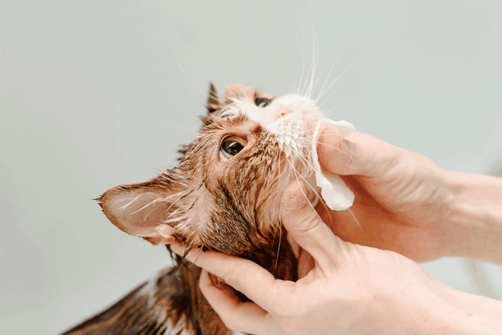 Imagem de uma mão limpando o queixo do gato em um fundo cinza-claro
