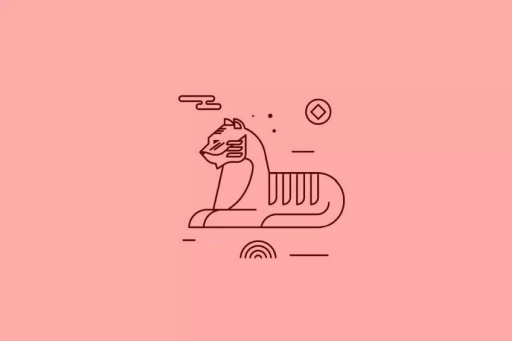 Ilustração minimalista de um tigre deitado, desenhado com linhas finas em marrom-escuro sobre um fundo rosa-claro. O animal apresenta cabeça erguida, patas dianteiras estendidas e listras estilizadas no rosto e no corpo. Pequenos símbolos geométricos aparecem ao redor.