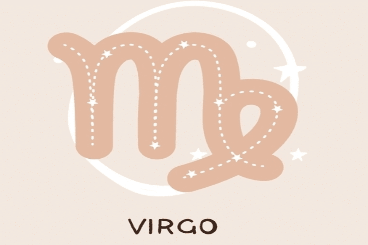 Ilustração do símbolo de Virgem em tom bege, decorado com linhas pontilhadas que conectam pequenas estrelas brancas. Ao fundo, aparecem um círculo irregular e outros elementos celestes em branco.